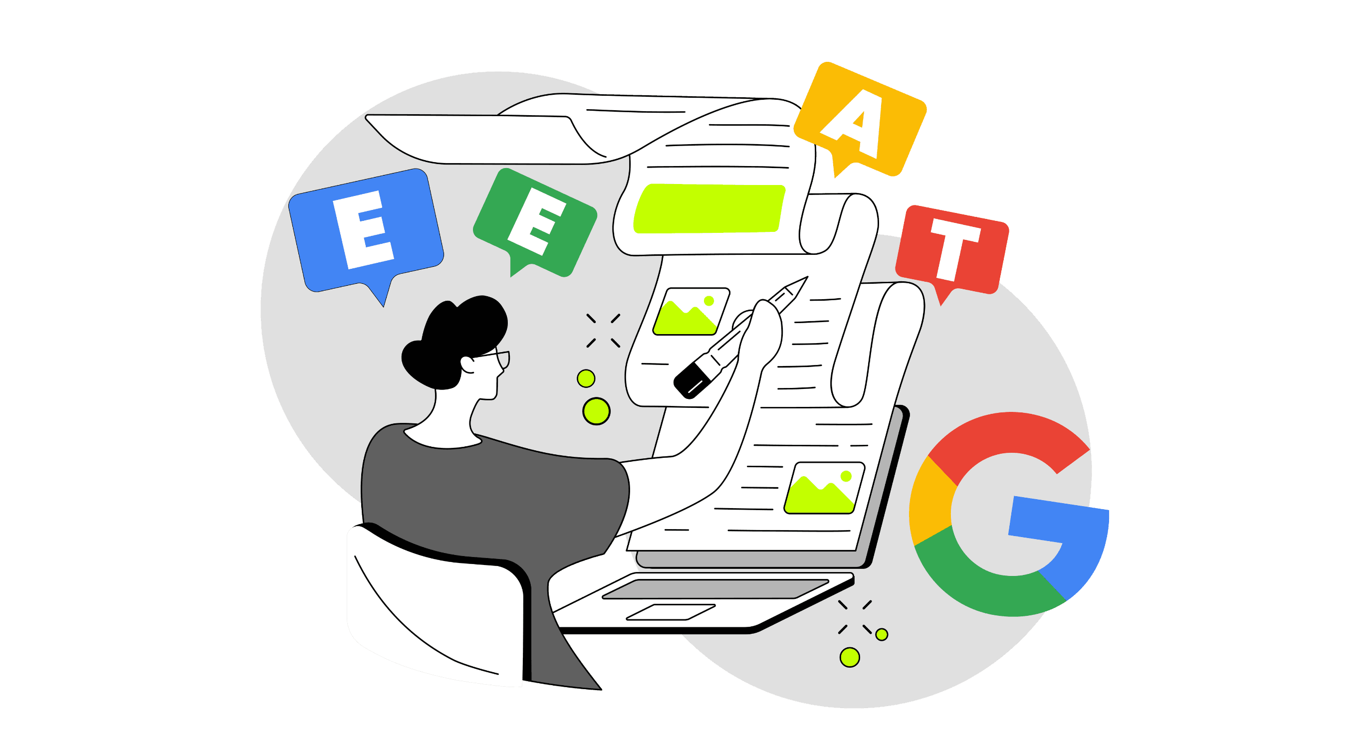 An illustration of a person working on a laptop, emphasizing the importance of Google's Content Guidelines for SEO.