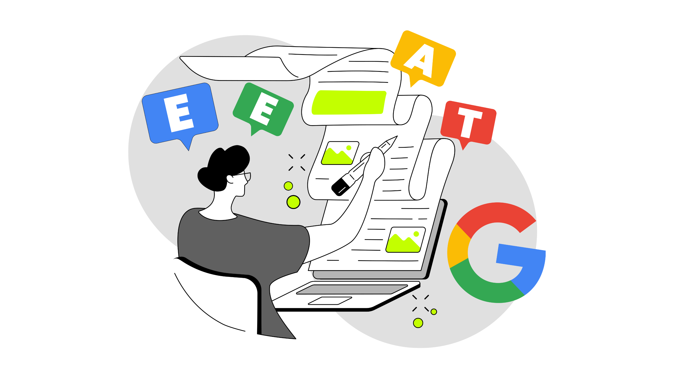 An illustration of a person working on a laptop, emphasizing the importance of Google's Content Guidelines for SEO.
